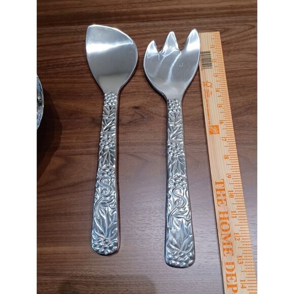 Polished Pewter 12" 3D Grape Vine Basket With Handle and Serving Fork And Spoon - Picture 8 of 9